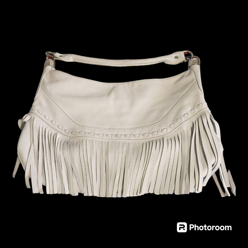 B. Makowsky White Fringe Shoulder Large Bag Purse